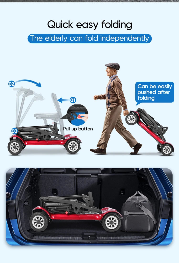 Compact Foldable Lightweight 4 Wheel Mobility Scooter Brushless Ultra Light Weight Travel Portable Electric Scooter for Disabled