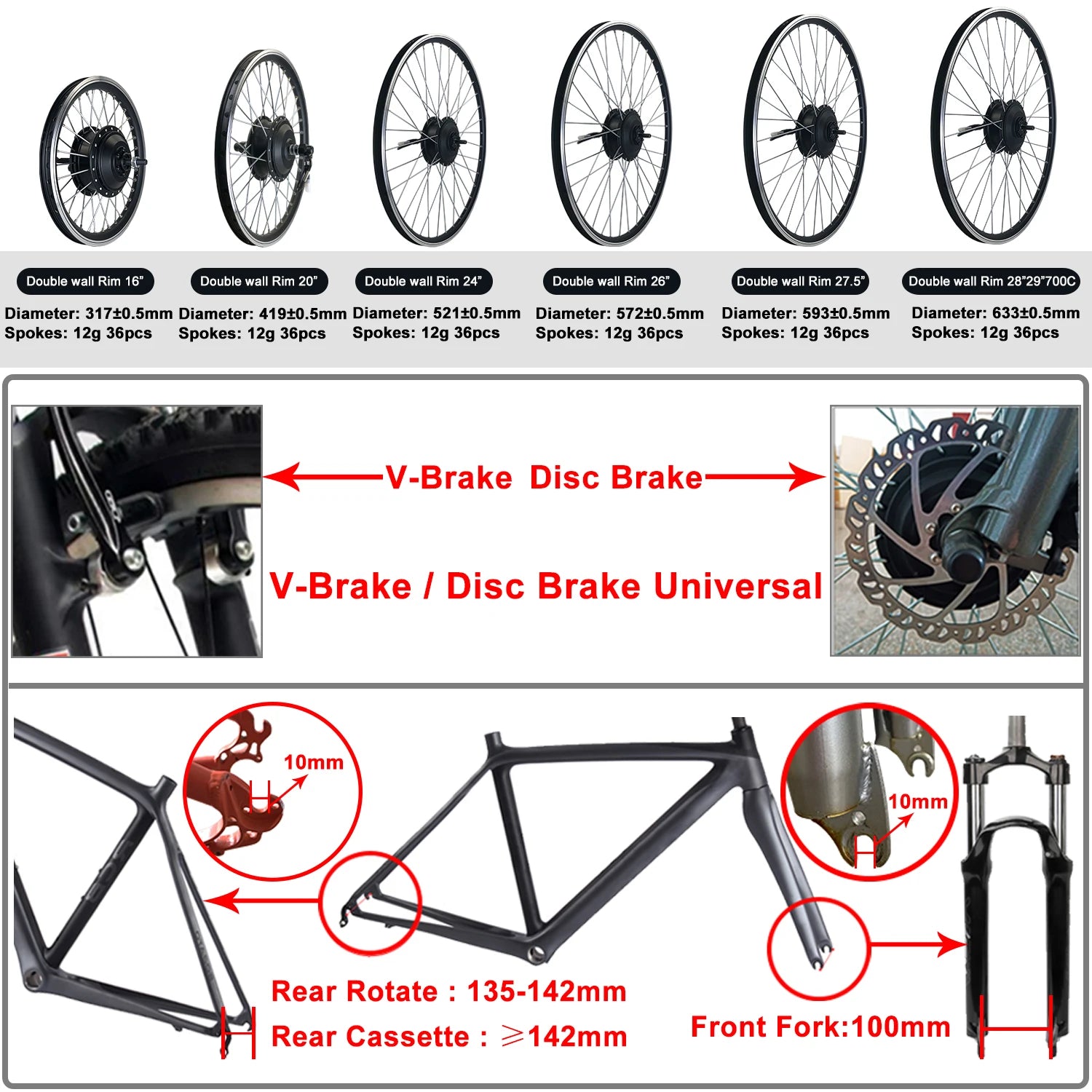 Ebike Conversion Kit 24V/36V/48V 250W Front Rear Brushless Gear Hub Wheel Motor 16-29inch 700C  for Electric Bicycle Kit