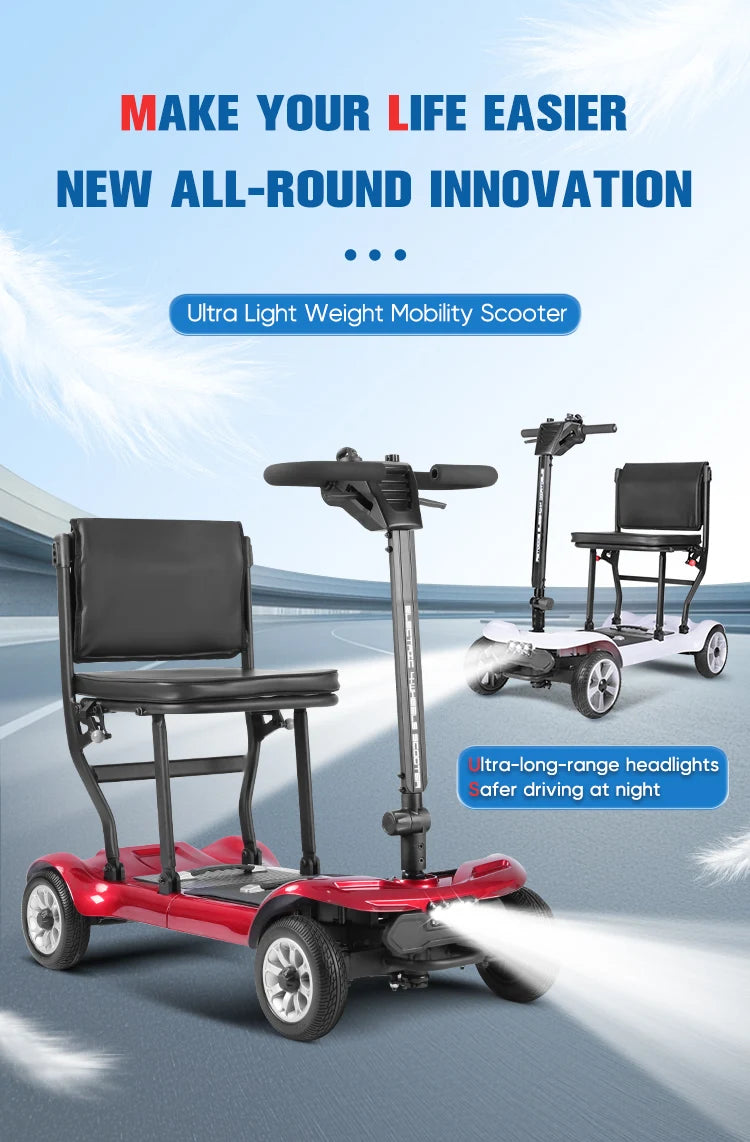 Compact Foldable Lightweight 4 Wheel Mobility Scooter Brushless Ultra Light Weight Travel Portable Electric Scooter for Disabled