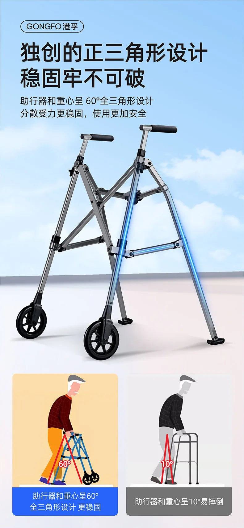 Aircraft Aluminum Folding Walker,3kg Ultra Light Rollator,Triangle Stabilization Frame,Rehabilitation Walking Aid for Seniors
